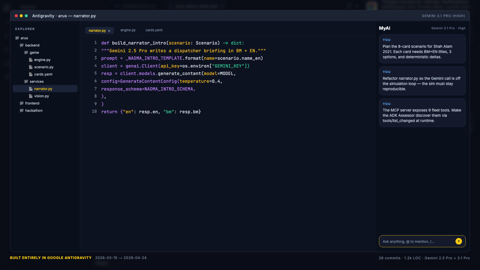 Antigravity IDE with narrator.py and Gemini 3.1 Pro panel